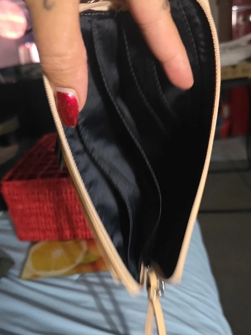 Coach Navy and Beige Leather Wristlet with Green Trim